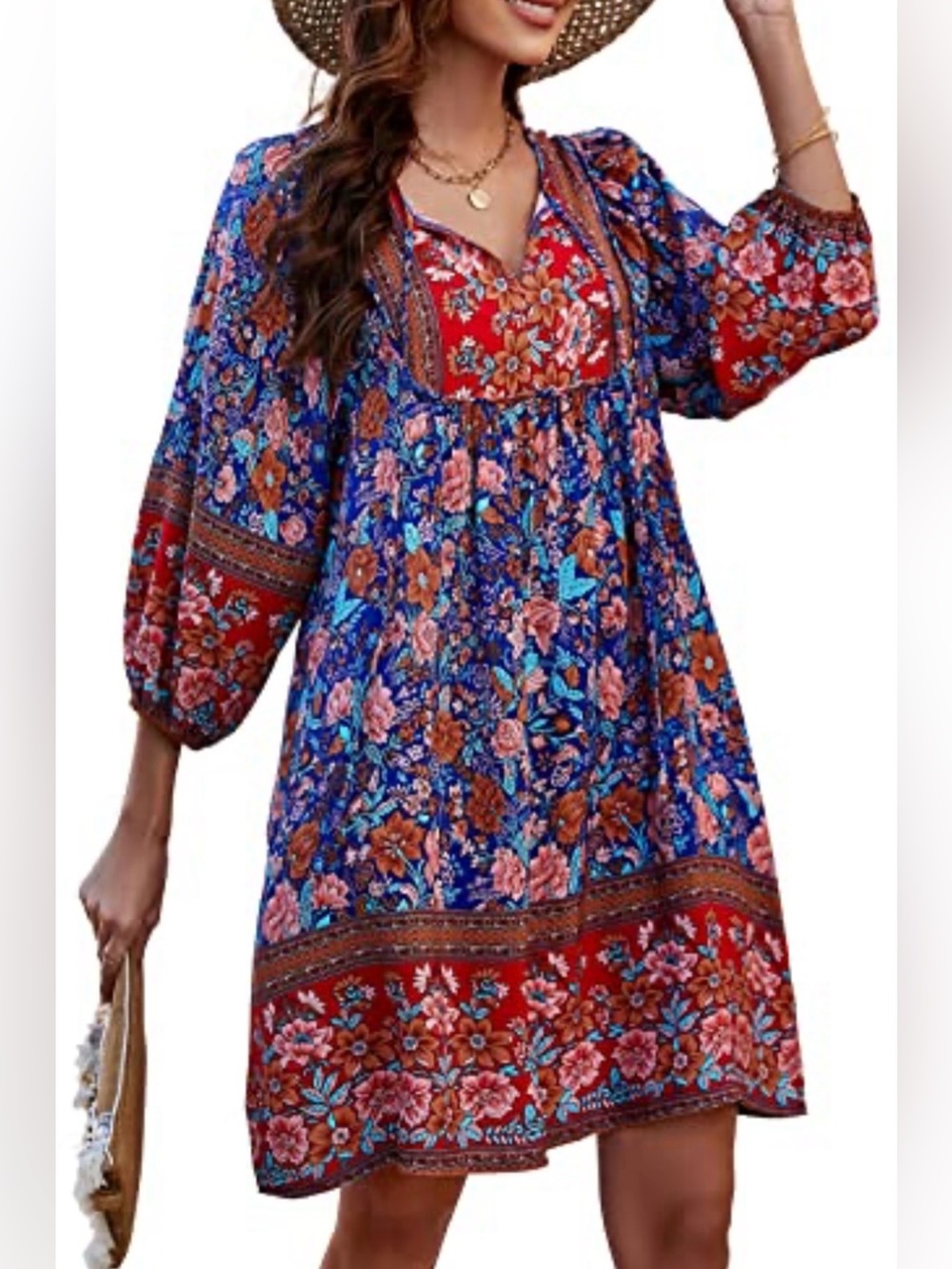 Qearal Women's Casual 3/4 Sleeve Boho Floral Print Babydoll Dress size XL